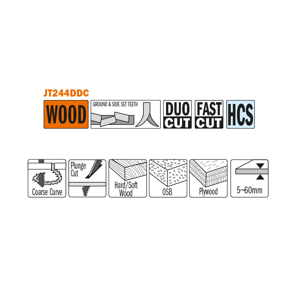 Fast, curve, coarse cut on soft and hardwood, plywood, OSB. Plunge cutting.