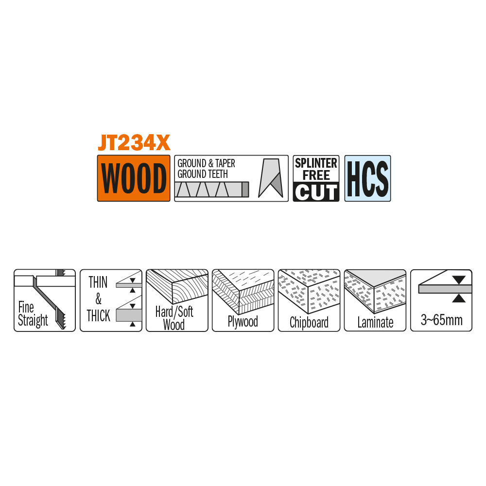 Straight cuts on hard/softwood, plywood, OSB, laminates