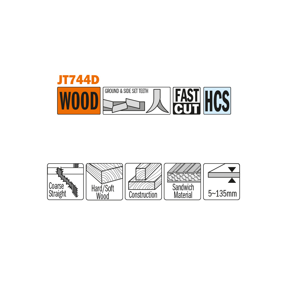 Very fast cuts, straight and coarse on thick construction timber, hard/softwood and sandwich material.